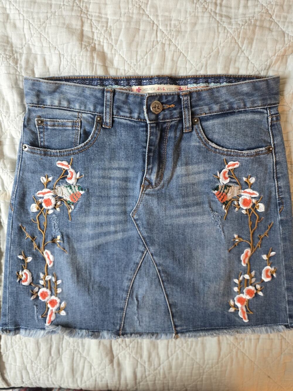 Embroidered Floral Birds Chelsea & Violet Boho Denim Mini Skirt size S Boho Y2k